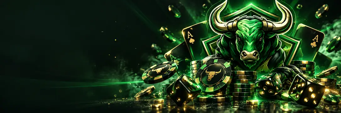 Touro verde da Bullsbet entre fichas e cartas, ilustrando o guia para iniciantes